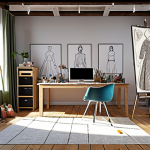 **A modern fashion designer's studio, filled with sketches, fabric swatches (recycled materials, natural fibers), and a 3D modeling software on a large monitor. Natural light floods the room. The overall mood is creative, sustainable, and forward-thinking.**