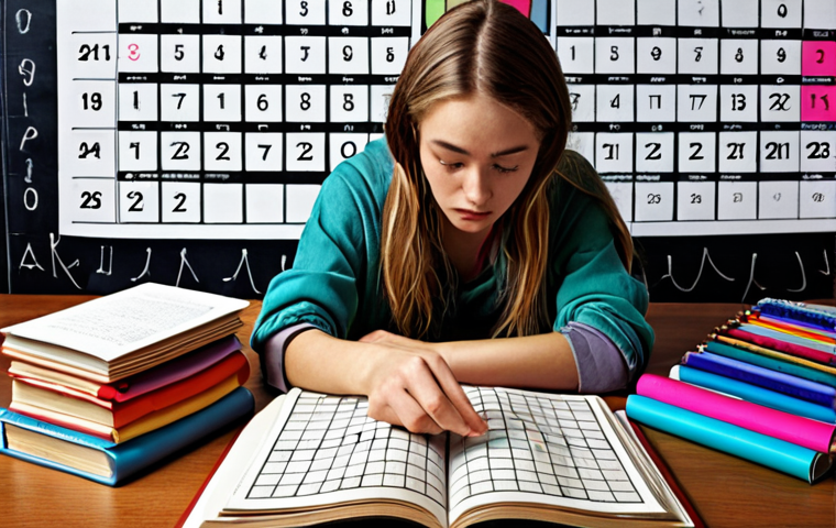 **

A student overwhelmed by textile books and notes, visualizing a study calendar with sections for textile chemistry and weaving technology.  Include elements like yarn, fabric swatches, and chemical formulas fading into the background. Emphasize a feeling of initial overwhelm transitioning into organized study.

**