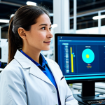 A professional female textile engineer in a modern, smart factory environment. She is wearing a crisp, modest business suit and a clean, light lab coat. She stands confidently amidst automated machinery and robotic arms working on advanced fabric, with large digital displays showing real-time production data in the background. The factory is brightly lit, clean, and embodies the efficiency of Industry