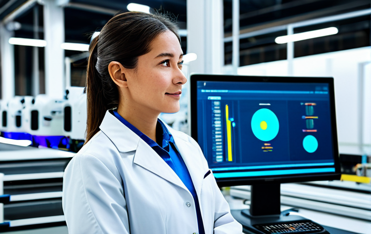 A professional female textile engineer in a modern, smart factory environment. She is wearing a crisp, modest business suit and a clean, light lab coat. She stands confidently amidst automated machinery and robotic arms working on advanced fabric, with large digital displays showing real-time production data in the background. The factory is brightly lit, clean, and embodies the efficiency of Industry