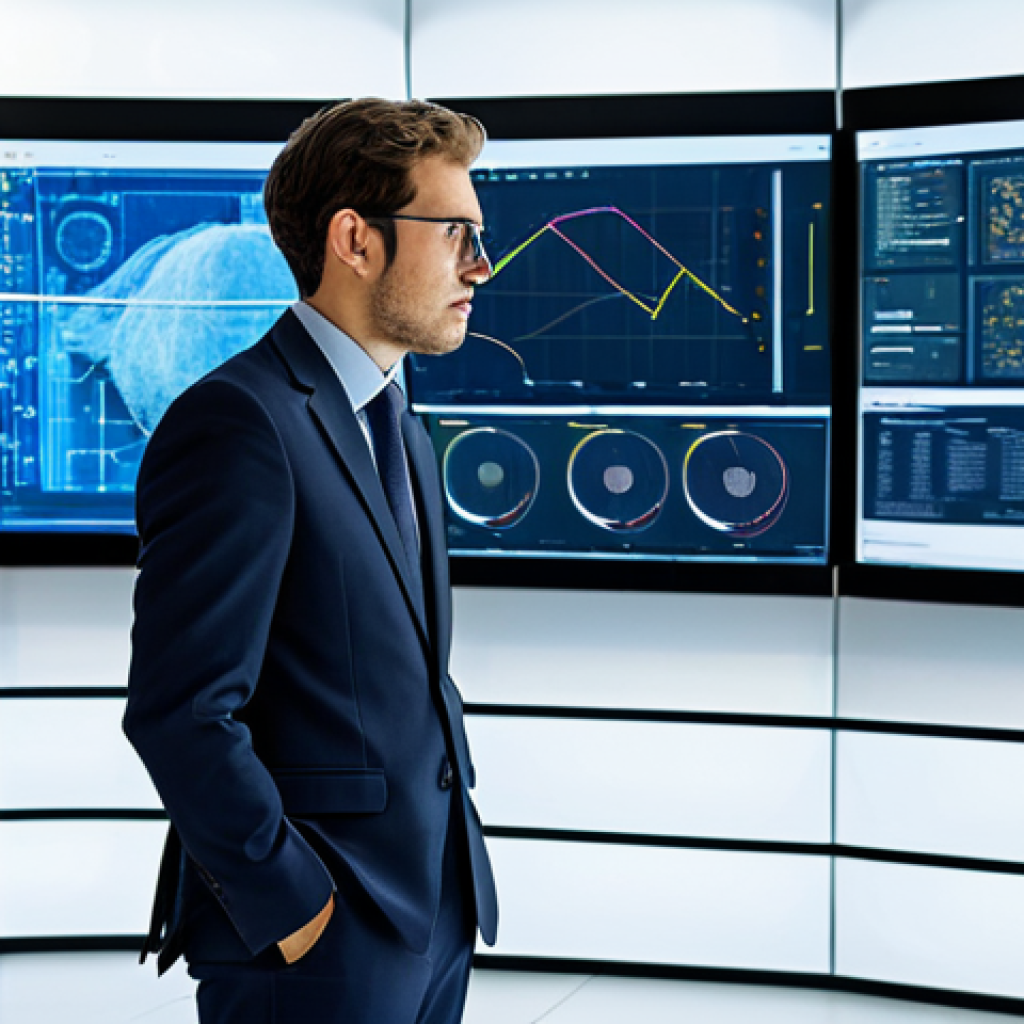 A professional textile engineer, fully clothed in a modest business suit, stands in a bright, futuristic research and development lab, thoughtfully observing advanced 3D textile prototyping machinery. Large digital screens in the background display intricate material simulations and real-time data visualizations, emphasizing innovation and Industry