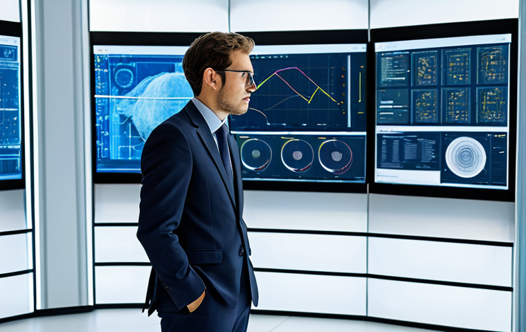 A professional textile engineer, fully clothed in a modest business suit, stands in a bright, futuristic research and development lab, thoughtfully observing advanced 3D textile prototyping machinery. Large digital screens in the background display intricate material simulations and real-time data visualizations, emphasizing innovation and Industry