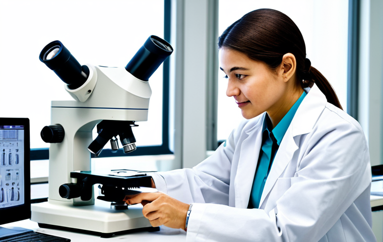 A professional textile engineer, fully clothed in a modest lab coat and appropriate industrial attire, stands in a brightly lit, state-of-the-art textile laboratory. The engineer is carefully examining a sample of smart fabric with a microscope, with various advanced textile machinery and spools of colorful threads visible in the background. The pose is natural, showcasing perfect anatomy and correct proportions, with well-formed hands and proper finger count. The image is a high-quality, professional photograph, realistic and detailed, safe for work, appropriate content, and family-friendly.