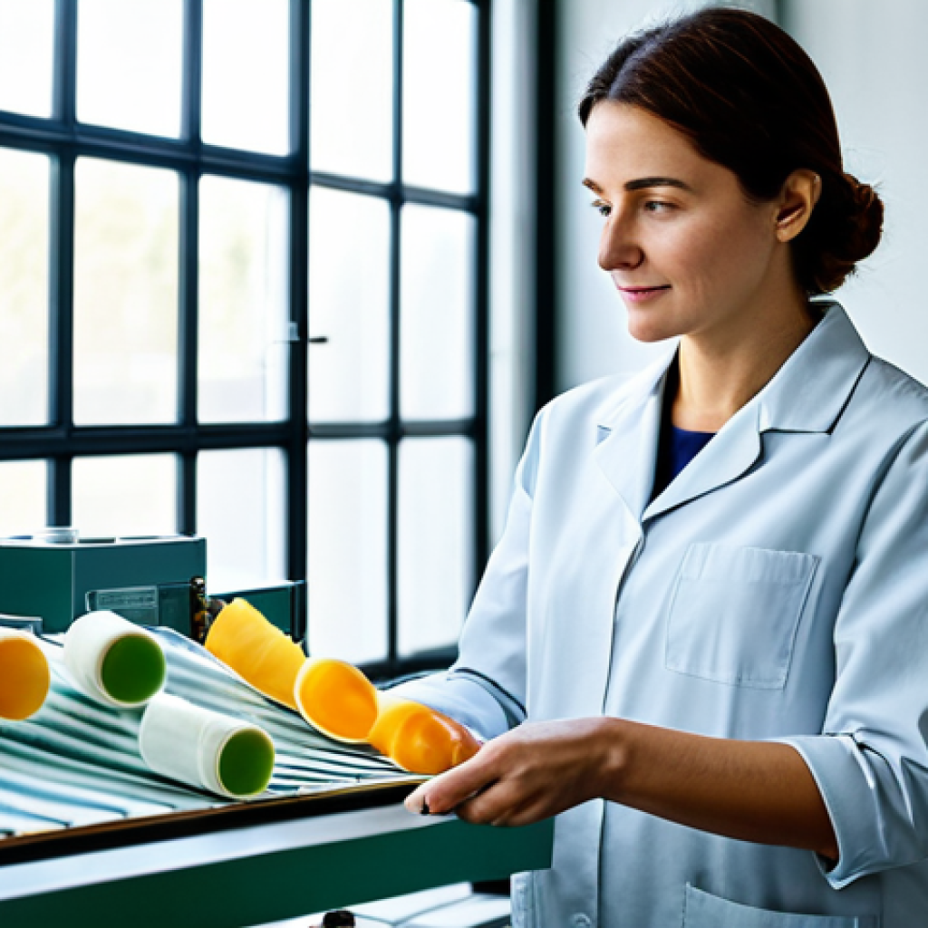 A professional female textile engineer, fully clothed in a modest, smart casual outfit, standing confidently in a state-of-the-art Italian textile laboratory. She is holding a sample of an advanced, sustainable, bio-based fabric, illuminated by soft, natural light coming through a large window. The background features clean, modern machinery and a visible plant-based dye station, emphasizing eco-friendly innovation. Perfect anatomy, correct proportions, natural pose, well-formed hands, proper finger count. High-quality professional photography, sharp focus, vibrant colors, detailed textures. Safe for work, appropriate content, professional.