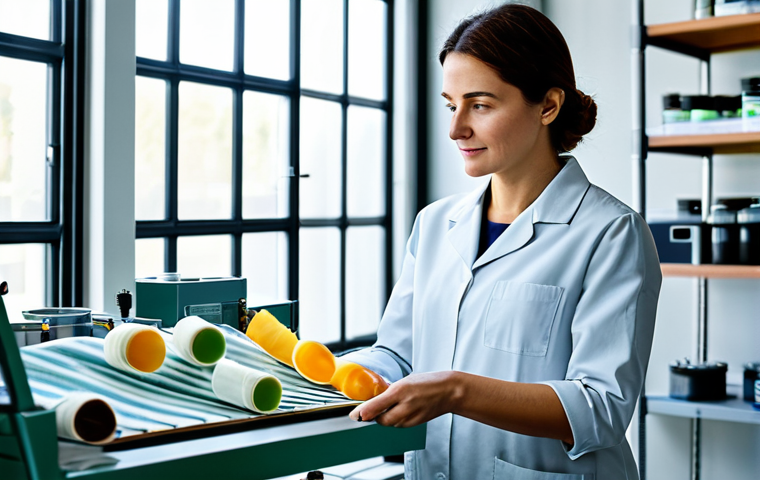 A professional female textile engineer, fully clothed in a modest, smart casual outfit, standing confidently in a state-of-the-art Italian textile laboratory. She is holding a sample of an advanced, sustainable, bio-based fabric, illuminated by soft, natural light coming through a large window. The background features clean, modern machinery and a visible plant-based dye station, emphasizing eco-friendly innovation. Perfect anatomy, correct proportions, natural pose, well-formed hands, proper finger count. High-quality professional photography, sharp focus, vibrant colors, detailed textures. Safe for work, appropriate content, professional.