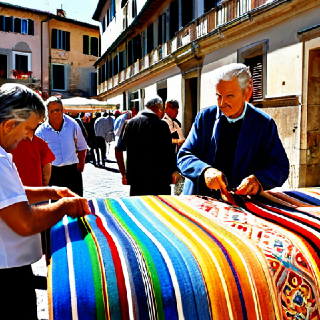 ** A vibrant marketplace scene in Prato, Italy, bustling with activity. Merchants are displaying colorful rolls of high-quality Italian fabrics (wool, silk, linen). Shoppers are examining the textiles. The lighting is warm and sunny, creating a sense of energy and excitement. Focus on the texture and detail of the fabrics, highlighting the craftsmanship. appropriate attire, professional, safe for work, perfect anatomy, natural proportions, family-friendly.

**