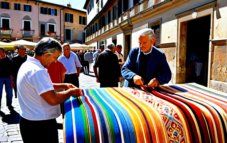 ** A vibrant marketplace scene in Prato, Italy, bustling with activity. Merchants are displaying colorful rolls of high-quality Italian fabrics (wool, silk, linen). Shoppers are examining the textiles. The lighting is warm and sunny, creating a sense of energy and excitement. Focus on the texture and detail of the fabrics, highlighting the craftsmanship. appropriate attire, professional, safe for work, perfect anatomy, natural proportions, family-friendly.
**