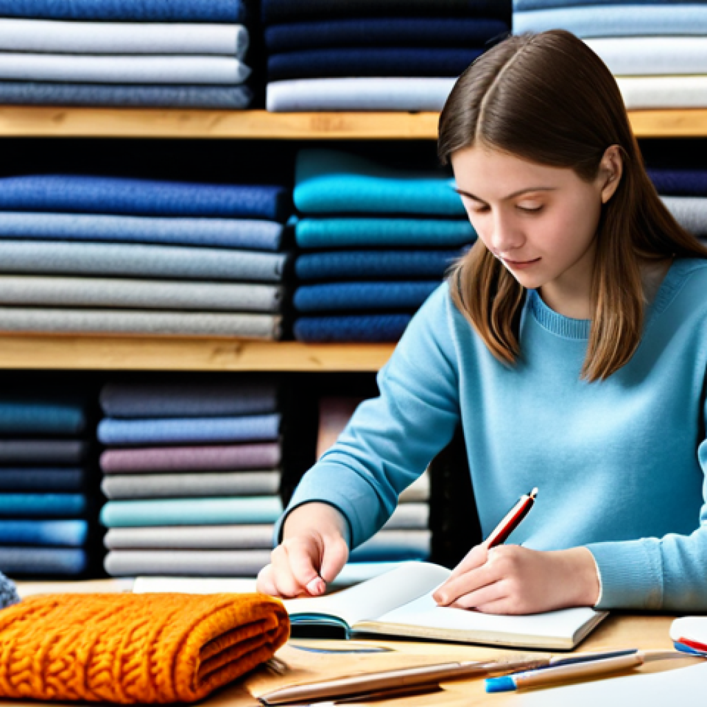 Textile Student at Work**

A young woman, a textile student, fully clothed in appropriate casual wear (jeans and a sweater), meticulously examining a variety of fabric swatches on a brightly lit workbench.  She has a notebook and pen beside her.  The background is a well-organized textile studio with shelves of colorful yarns and fabric rolls. Perfect anatomy, natural pose, well-formed hands.  High-resolution, professional photography, safe for work, appropriate content, modest, family-friendly.

**