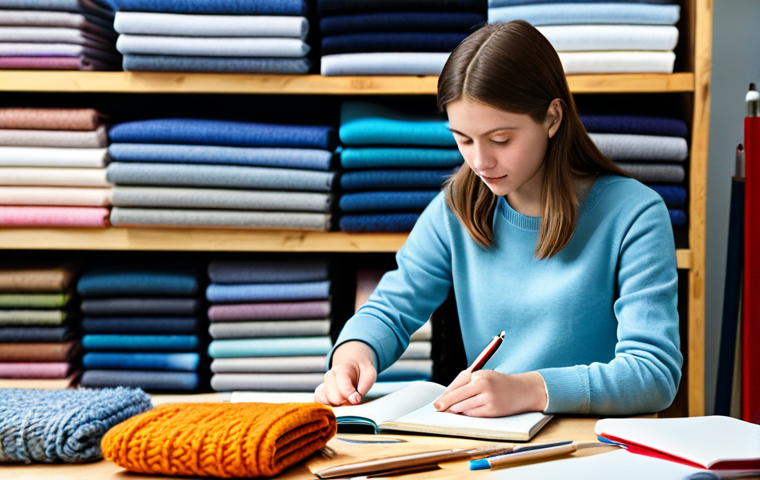 Textile Student at Work**
A young woman, a textile student, fully clothed in appropriate casual wear (jeans and a sweater), meticulously examining a variety of fabric swatches on a brightly lit workbench. She has a notebook and pen beside her. The background is a well-organized textile studio with shelves of colorful yarns and fabric rolls. Perfect anatomy, natural pose, well-formed hands. High-resolution, professional photography, safe for work, appropriate content, modest, family-friendly.
**