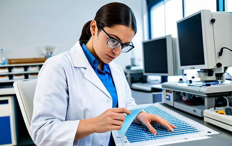 **
A textile engineer in a modern laboratory, examining a swatch of fabric made from recycled materials. She is fully clothed in appropriate professional attire (lab coat, safety glasses), working with advanced equipment. The lab is well-lit and clean. Focus on the details of the fabric and the engineer's focused expression. safe for work, perfect anatomy, natural proportions, professional, appropriate content, modest clothing, high resolution, realistic.
**