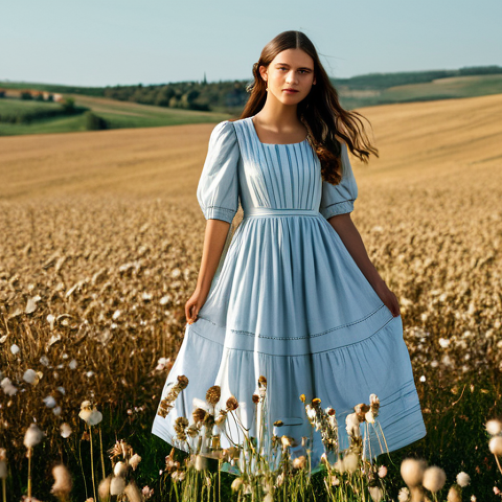 Sustainable Materials Fashion Editorial**
"A young Italian woman in a flowing, elegant dress made of organic cotton in a sun-drenched Tuscan field, fully clothed, modest dress, appropriate attire, safe for work, perfect anatomy, natural proportions, professional fashion photography, high quality, showcasing sustainable fashion, natural light, family-friendly."
**