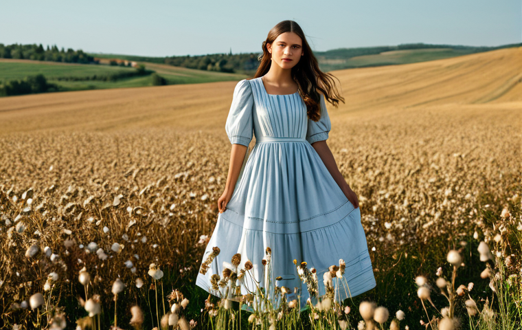 Sustainable Materials Fashion Editorial**
"A young Italian woman in a flowing, elegant dress made of organic cotton in a sun-drenched Tuscan field, fully clothed, modest dress, appropriate attire, safe for work, perfect anatomy, natural proportions, professional fashion photography, high quality, showcasing sustainable fashion, natural light, family-friendly."
**