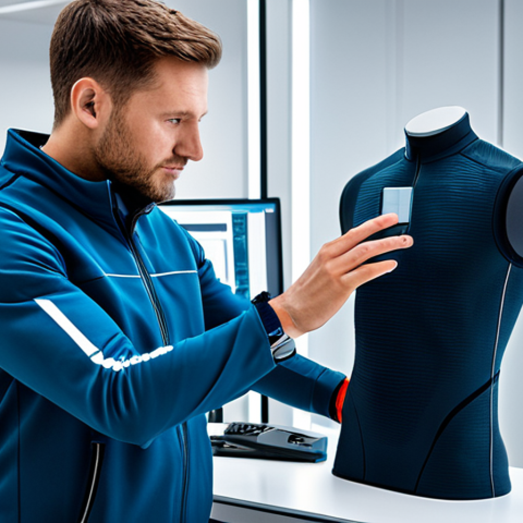 Smart Textiles in Action**

"A scientist in a clean, modern laboratory setting, inspecting a fully clothed athlete wearing a smart textile garment. The garment subtly displays biometric data on its surface. Focus on the technology and innovation. Safe for work, appropriate content, professional, perfect anatomy, well-formed hands, natural pose, high quality."

**