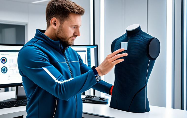 Smart Textiles in Action**

"A scientist in a clean, modern laboratory setting, inspecting a fully clothed athlete wearing a smart textile garment. The garment subtly displays biometric data on its surface. Focus on the technology and innovation. Safe for work, appropriate content, professional, perfect anatomy, well-formed hands, natural pose, high quality."

**