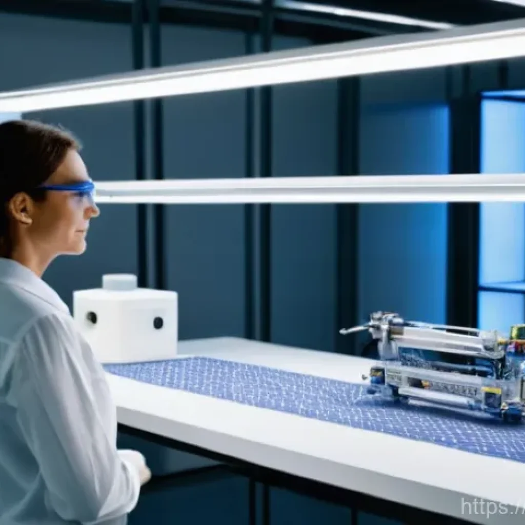 섬유기사 자격증의 가치와 전망 - **Prompt:** A visionary Italian textile engineer, a woman in her late 30s with safety glasses, stand...