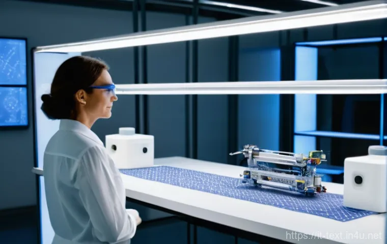 섬유기사 자격증의 가치와 전망 - **Prompt:** A visionary Italian textile engineer, a woman in her late 30s with safety glasses, stand...