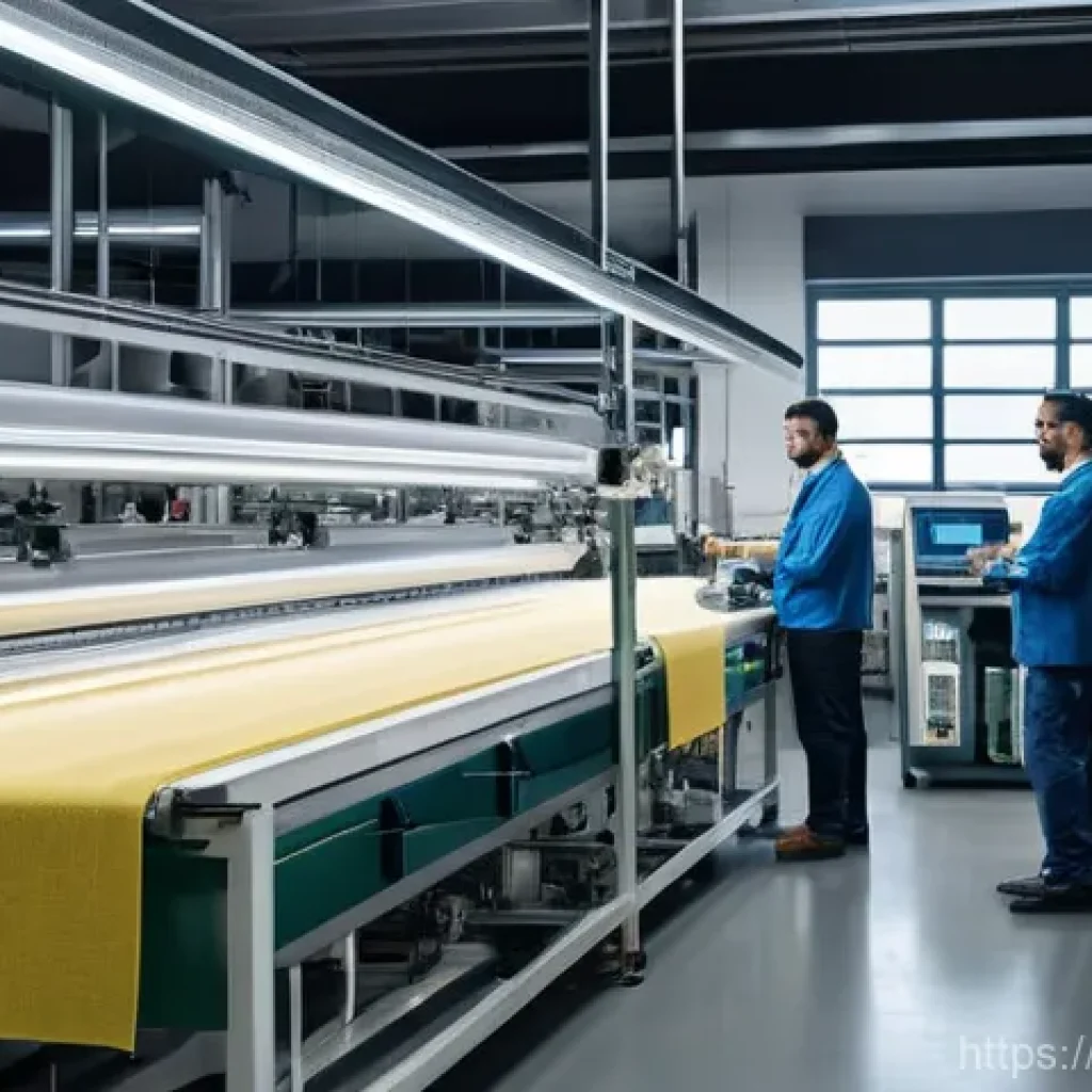 섬유기사 시험 준비 성공 전략 - A brightly lit, modern Italian textile factory hall. Diverse textile engineers and technicians, dres...
