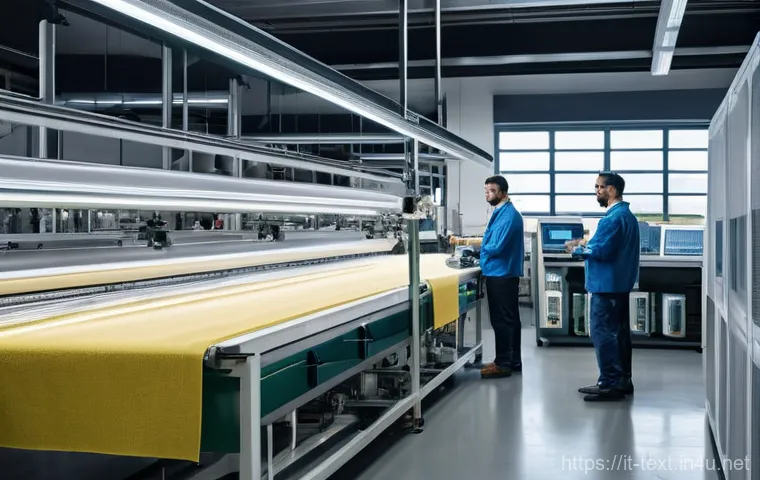 섬유기사 시험 준비 성공 전략 - A brightly lit, modern Italian textile factory hall. Diverse textile engineers and technicians, dres...