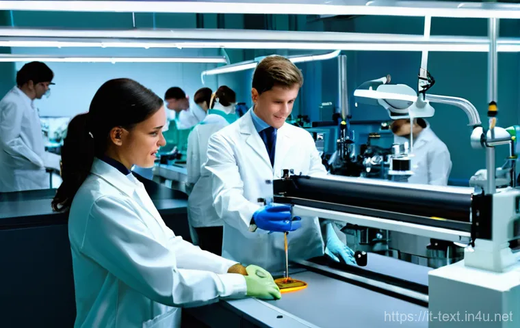 섬유기사와 방적 공정 - **A highly detailed image of a cutting-edge textile engineering laboratory in Italy.** The scene fea...