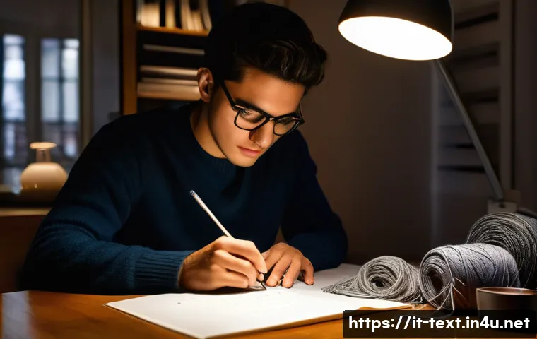 섬유기사 실기 시험의 어려운 점 - A dedicated Italian textile engineering student, appearing gender-neutral, is deeply immersed in stu...