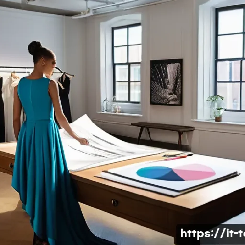 섬유기사와 CAD 활용 - **Prompt:** A dynamic and brightly lit fashion design studio, showcasing the evolution of design. On...