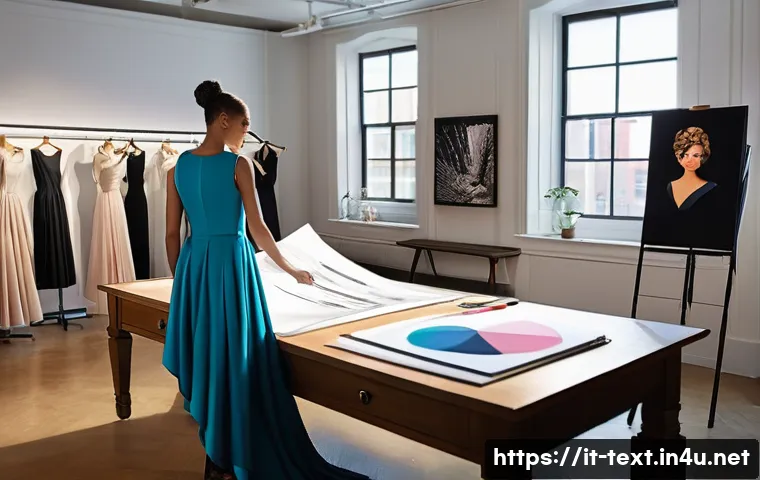 섬유기사와 CAD 활용 - **Prompt:** A dynamic and brightly lit fashion design studio, showcasing the evolution of design. On...