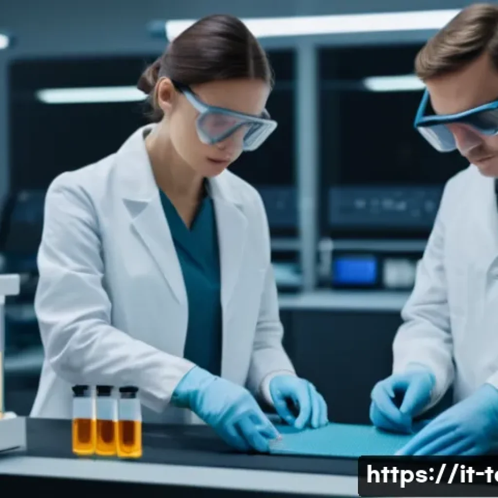 섬유기사와 산업용 섬유 - A high-tech textile laboratory scene showcasing advanced fibers like Kevlar, carbon fiber, and arami...