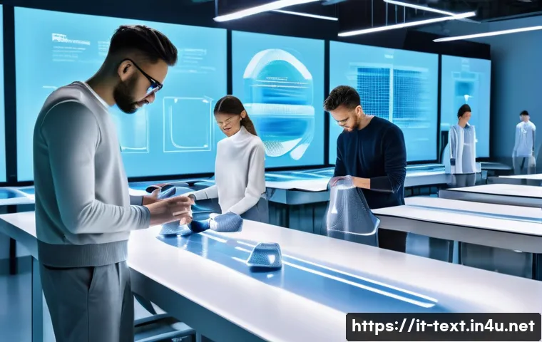 섬유기사와 직업의 다양성 - A futuristic textile laboratory scene in Milan showcasing smart fabrics that change color with tempe...