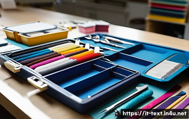 섬유기사와 실기시험 준비 체크리스트 - A detailed close-up of a professional textile technician&rsquo;s workspace for a practical exam, featuring...