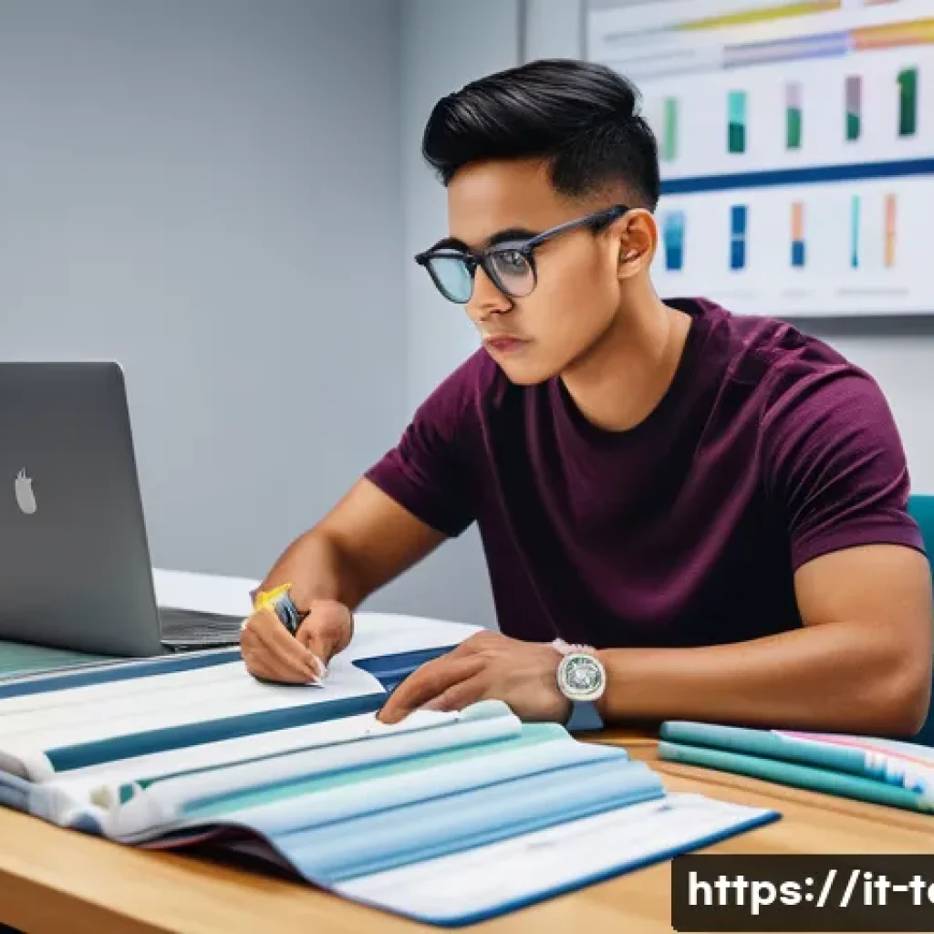 섬유기사 필기시험 대비 성공 사례 - A focused young adult studying textile technology at a modern desk, surrounded by updated technical ...