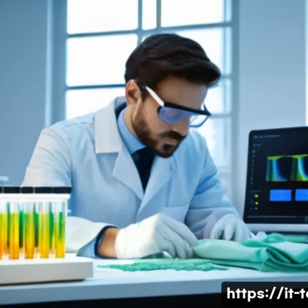 섬유기사와 직무와 연관된 학문 - A modern textile laboratory scene showcasing a skilled textile technician analyzing innovative eco-f...