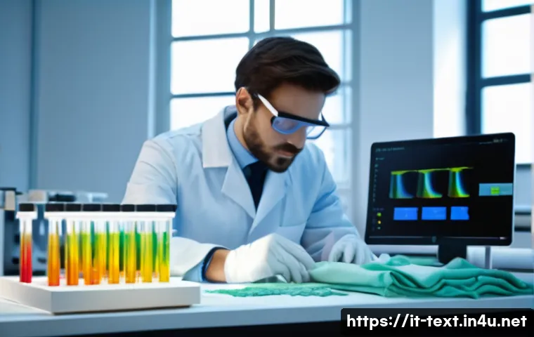 섬유기사와 직무와 연관된 학문 - A modern textile laboratory scene showcasing a skilled textile technician analyzing innovative eco-f...