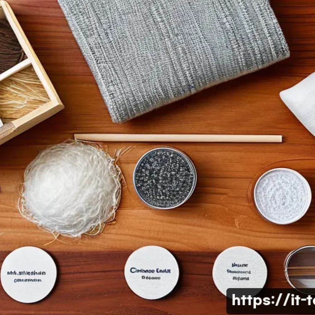 섬유기사와 필기시험 준비 사례 - A detailed educational illustration showing a variety of textile fibers laid out on a wooden table, ...