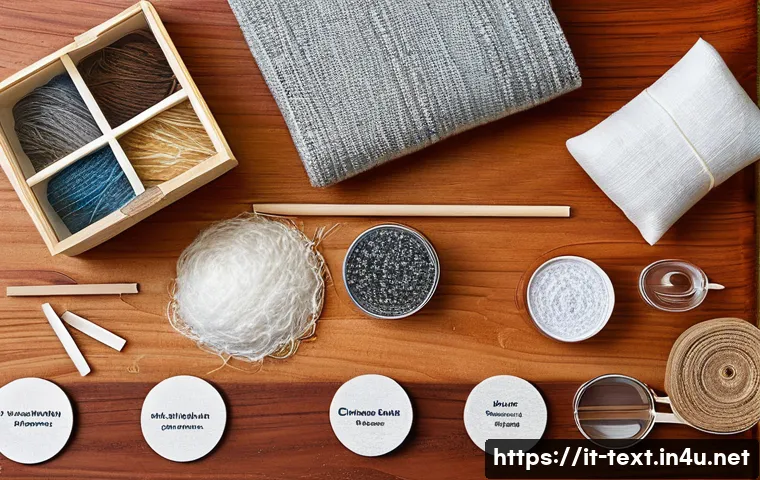 섬유기사와 필기시험 준비 사례 - A detailed educational illustration showing a variety of textile fibers laid out on a wooden table, ...