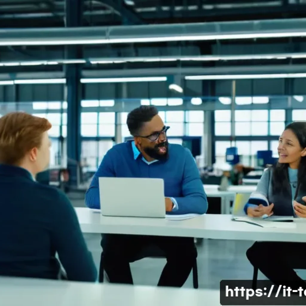 섬유기사와 직장 내 커뮤니케이션 - A diverse group of textile industry colleagues engaged in a lively team meeting inside a modern fact...