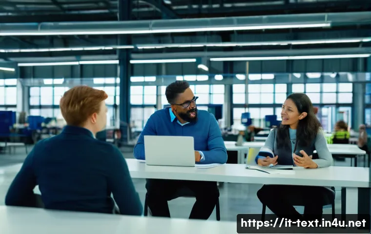 섬유기사와 직장 내 커뮤니케이션 - A diverse group of textile industry colleagues engaged in a lively team meeting inside a modern fact...