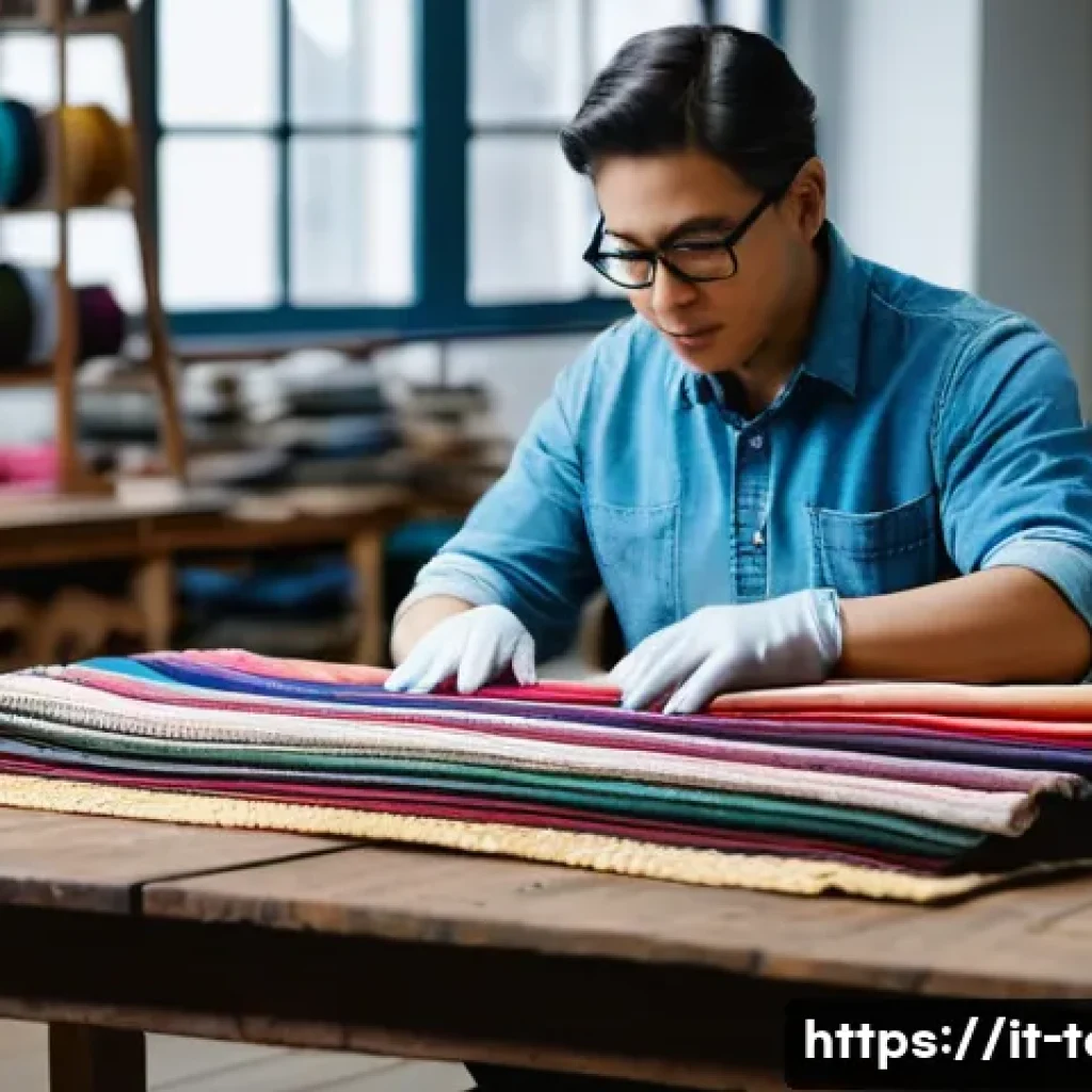 섬유기사와 실기시험 유형 - A professional textile workshop scene showing a skilled artisan carefully examining and manipulating...