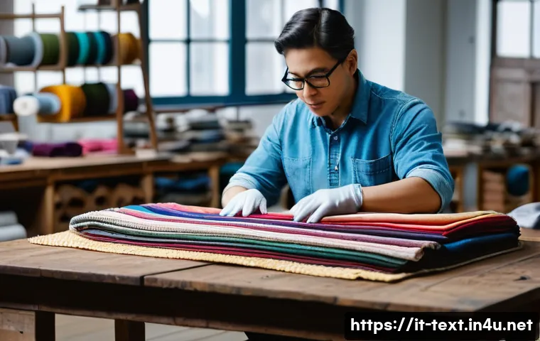 섬유기사와 실기시험 유형 - A professional textile workshop scene showing a skilled artisan carefully examining and manipulating...