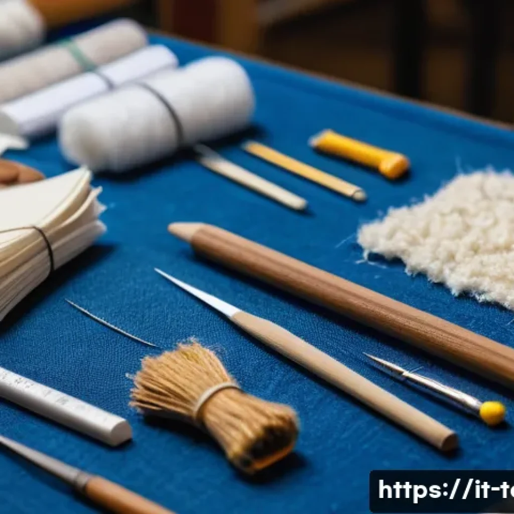 섬유기사 실기시험 꿀팁 - A detailed close-up image of a textile workshop table displaying various natural and synthetic fiber...