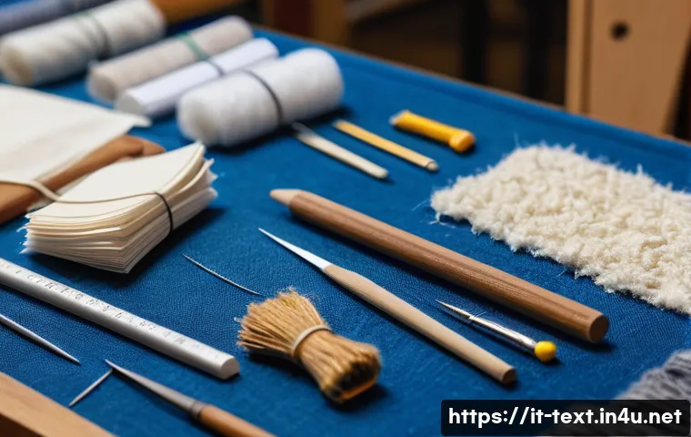섬유기사 실기시험 꿀팁 - A detailed close-up image of a textile workshop table displaying various natural and synthetic fiber...