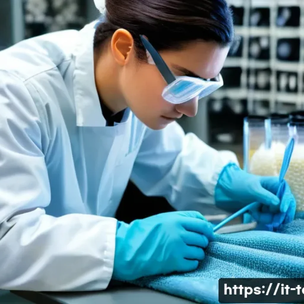 섬유기사와 시험 준비 체크리스트 - A detailed, realistic textile laboratory scene showing a young Italian technician wearing protective...