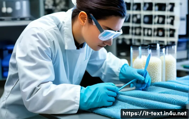 섬유기사와 시험 준비 체크리스트 - A detailed, realistic textile laboratory scene showing a young Italian technician wearing protective...