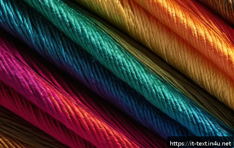 섬유기사와 색채학의 관계 - A close-up, hyper-realistic image of vibrant textile fibers dyed with innovative nano-scale pigments...