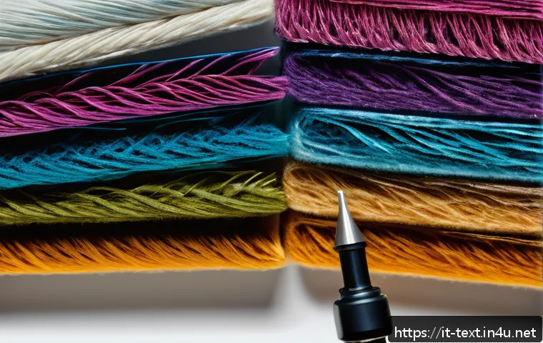 섬유기사 필기시험 요약집 - A detailed close-up image of various textile fibers under a microscope, showcasing natural fibers li...