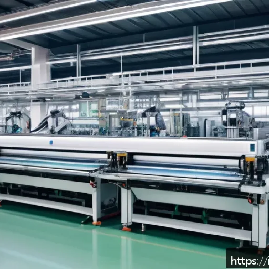 섬유기사 취업 전망 - A modern textile factory interior showcasing advanced automation and robotics in action: sleek robot...