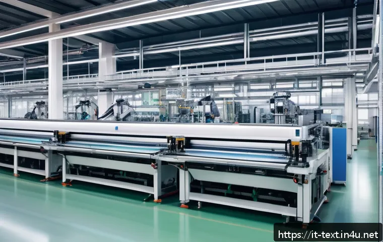 섬유기사 취업 전망 - A modern textile factory interior showcasing advanced automation and robotics in action: sleek robot...