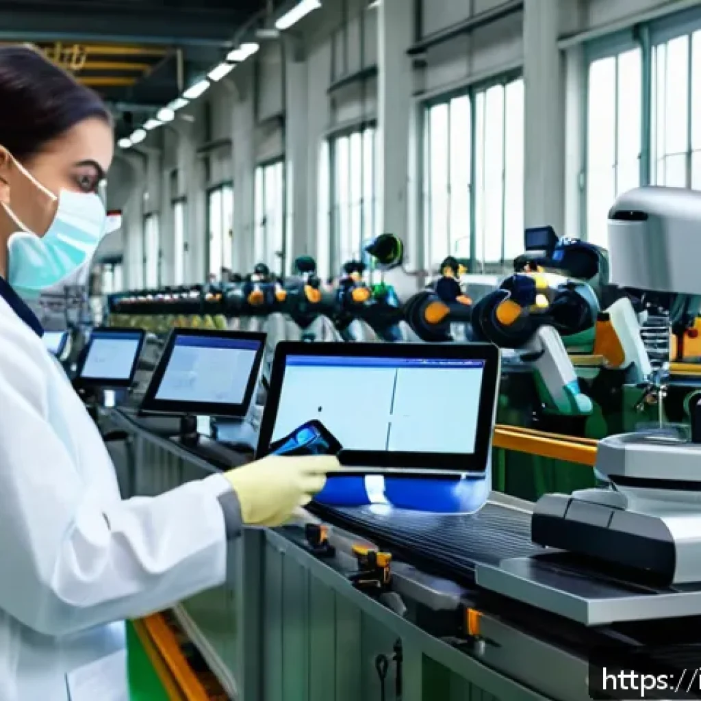 섬유기사와 미래 직업 시장 - A modern Italian textile factory interior showcasing advanced collaborative robots working alongside...