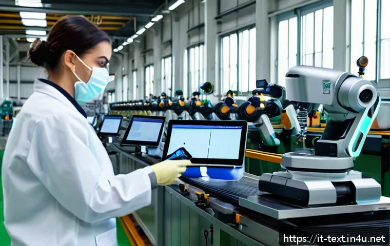 섬유기사와 미래 직업 시장 - A modern Italian textile factory interior showcasing advanced collaborative robots working alongside...