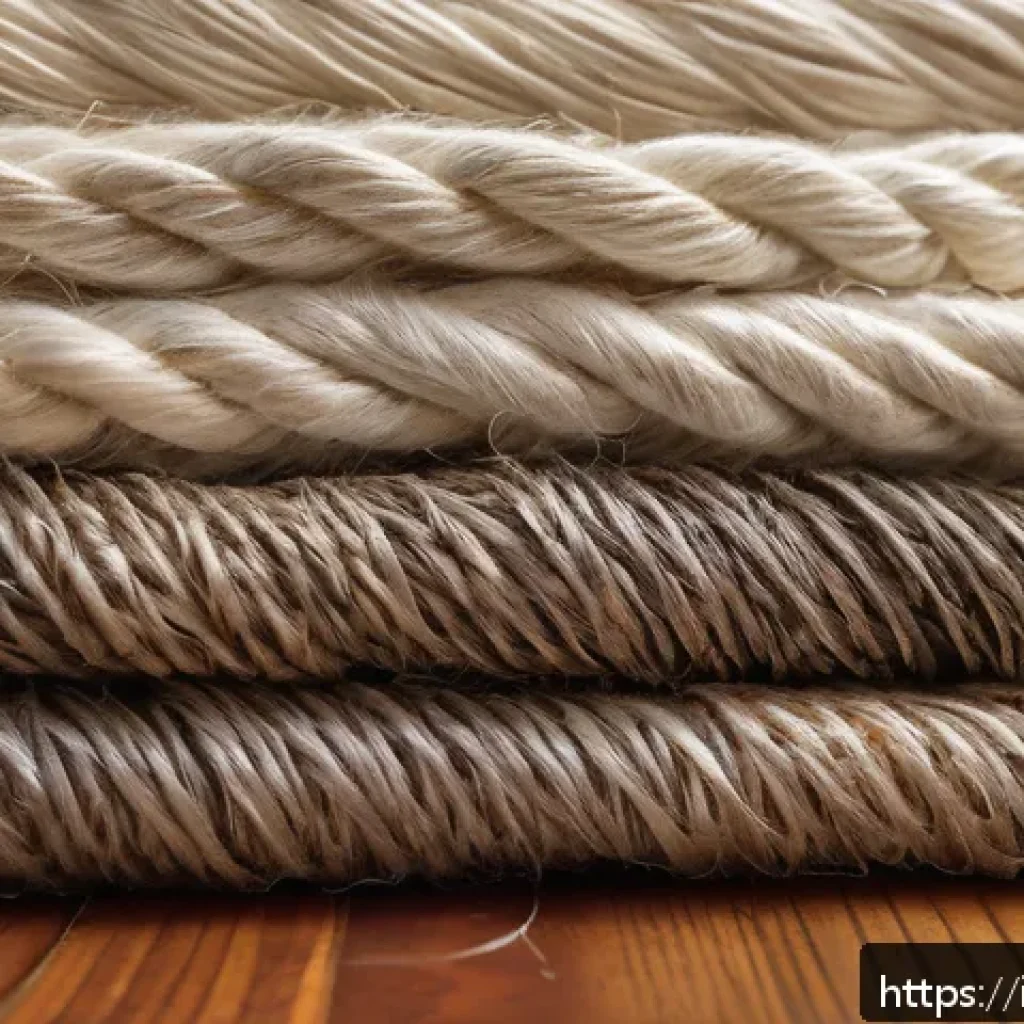 섬유기사와 필기시험의 예상 문제 - A detailed close-up image of natural textile fibers including cotton, wool, silk, and linen displaye...