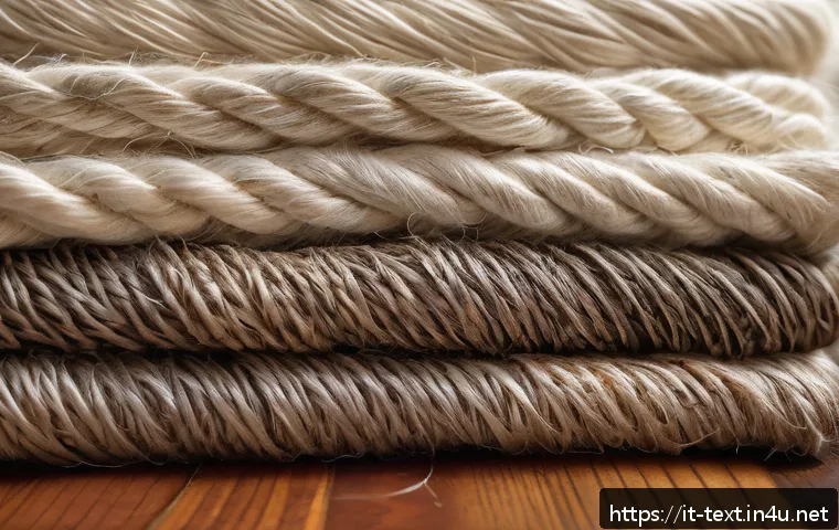섬유기사와 필기시험의 예상 문제 - A detailed close-up image of natural textile fibers including cotton, wool, silk, and linen displaye...